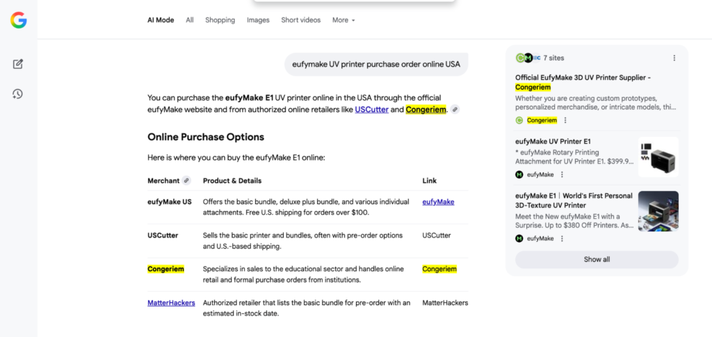 Google AI Mode listing Congeriem among recommended sellers for the eufyMake UV printer.