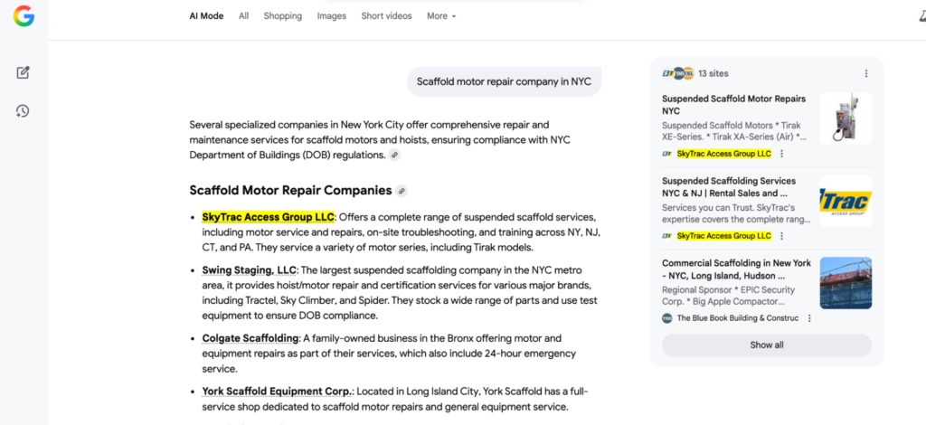 Google AI Mode listing SkyTrac Access Group among its cited suppliers for scaffold motor repair in NYC.