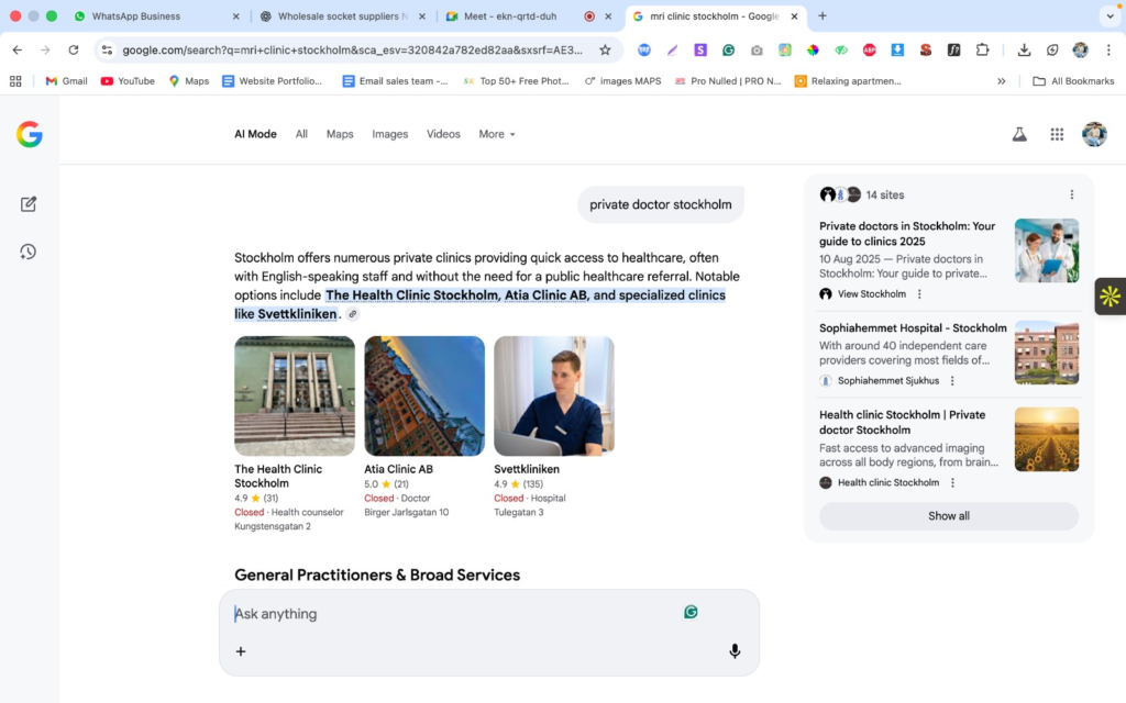 Google AI Mode naming The Health Clinic Stockholm among top private-doctor options in Stockholm.