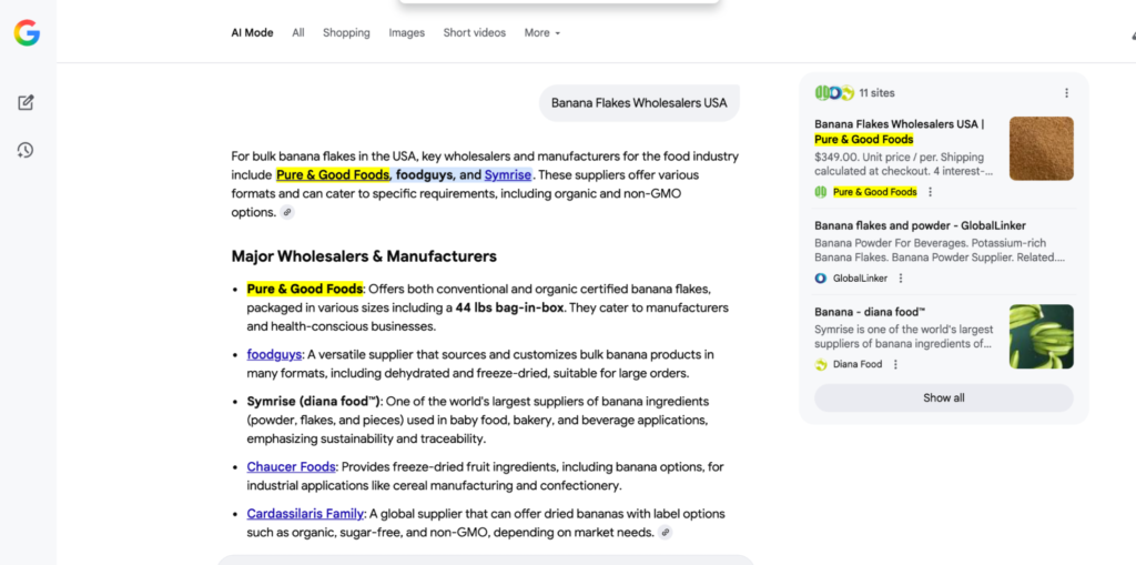 Google AI Mode citing Pure & Good Foods first among major banana-flake wholesalers in the USA.