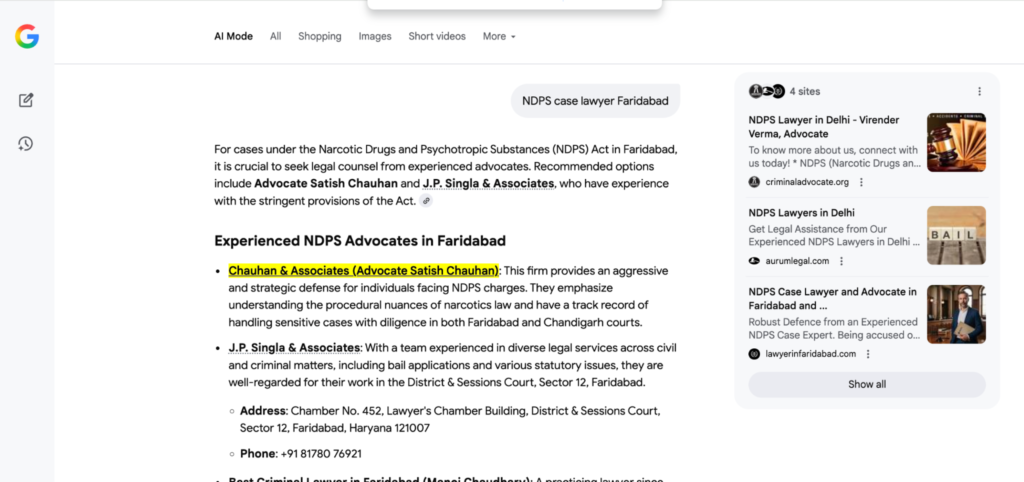 Google AI Mode citing LawyerInFaridabad.com among its sources for a Faridabad legal query.